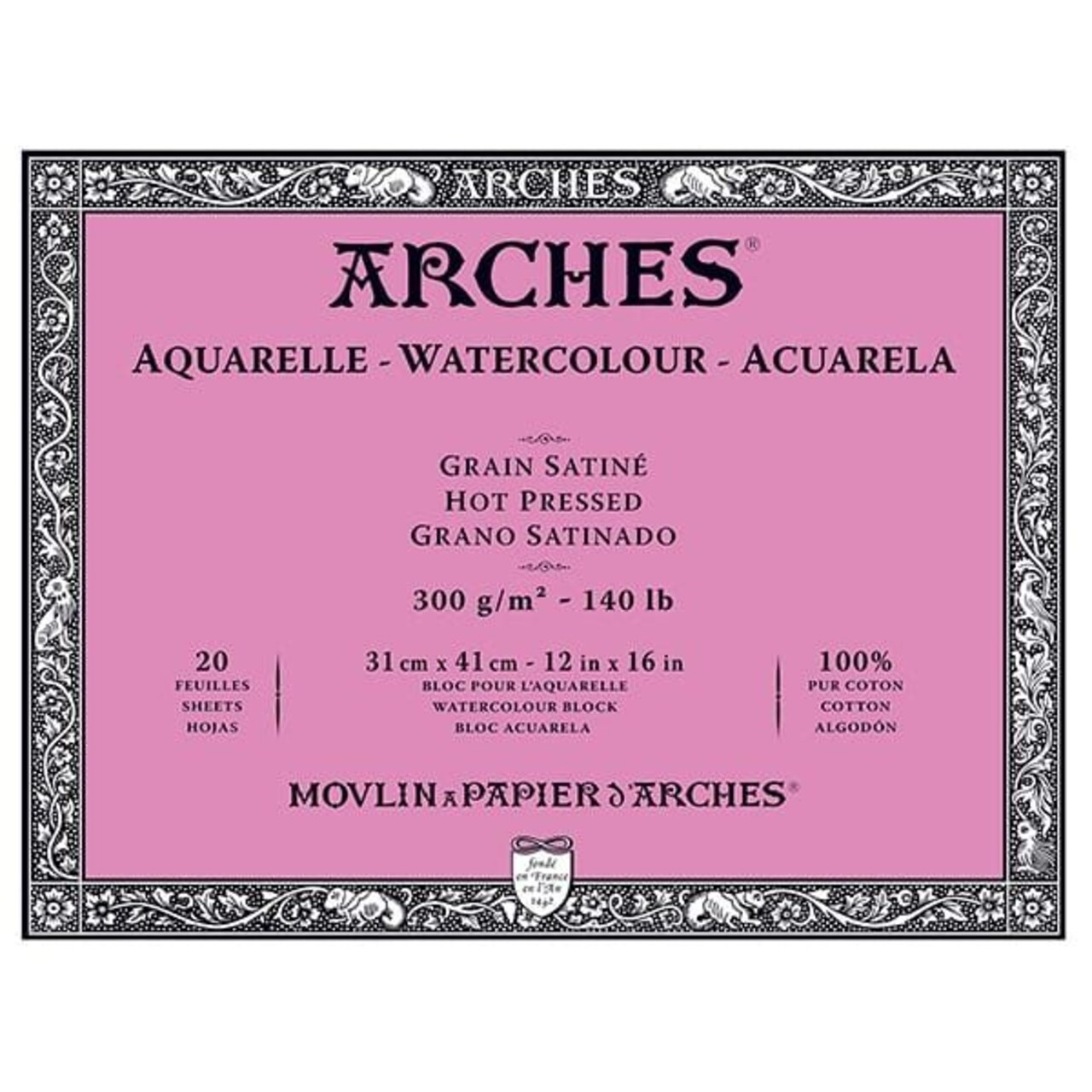 Arches Artist Watercolor Blocks, 140 lb Hot Press Block 12x16" (20 Sheets)